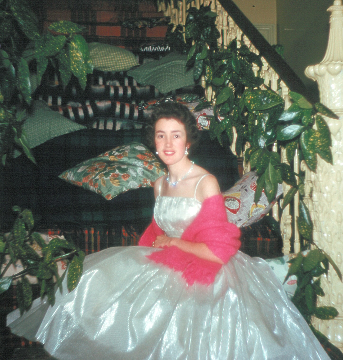 5900129s 1 February 1959 - Betty on the stairs at the Ashburne formal ball.