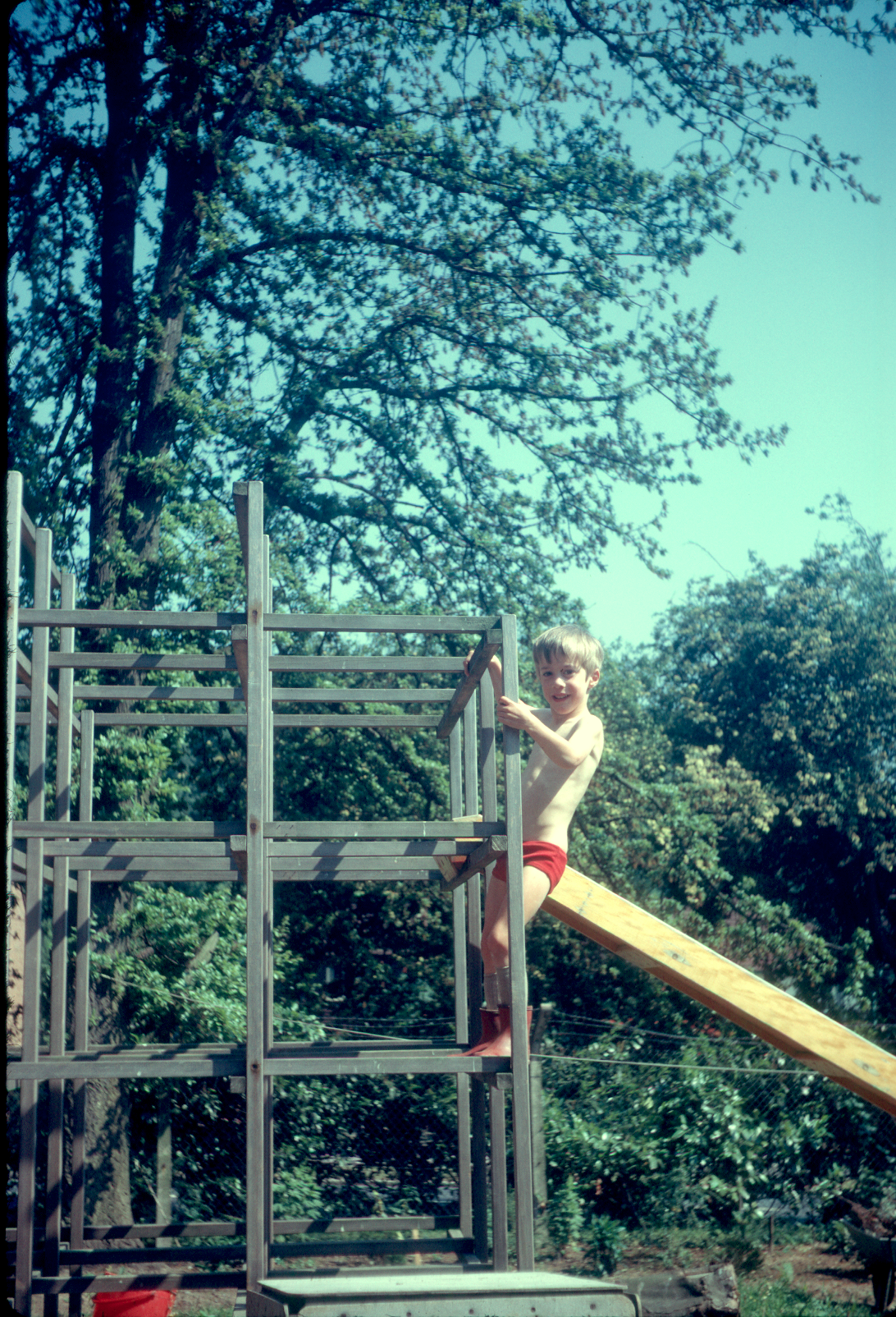 7001925k May 1970 - Jonathan climbing the frame in the garden at Croydon.
