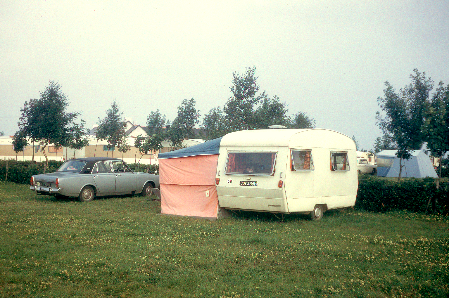 7102210k May 1971 - Caravan and car (Ford Corsair, COY 336H) at our campsite in Benodet.