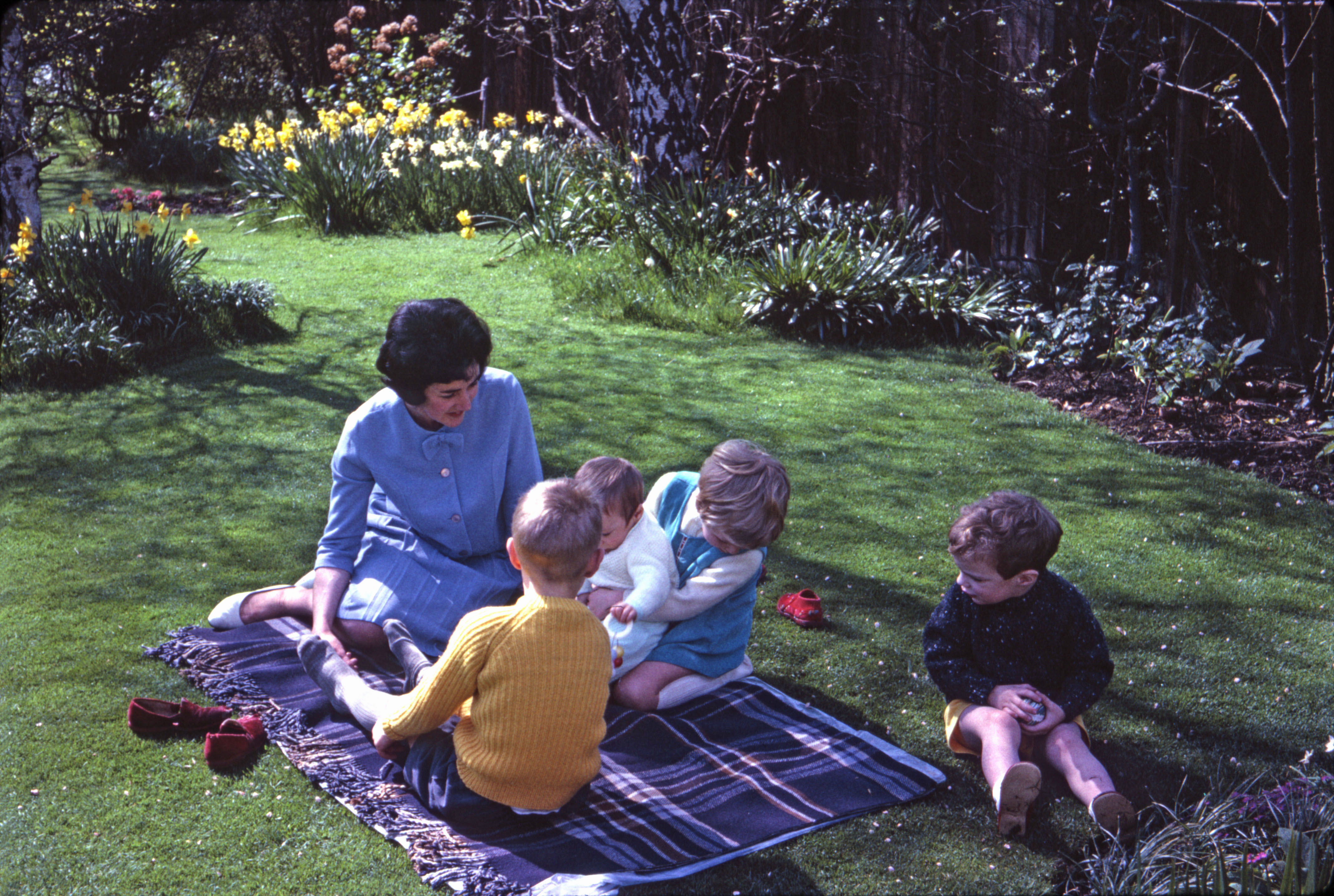 10 Apr 1966 Betty in the garden at Hampton with Peter, Nicola, Simon and Jonathan who is now 8 months old