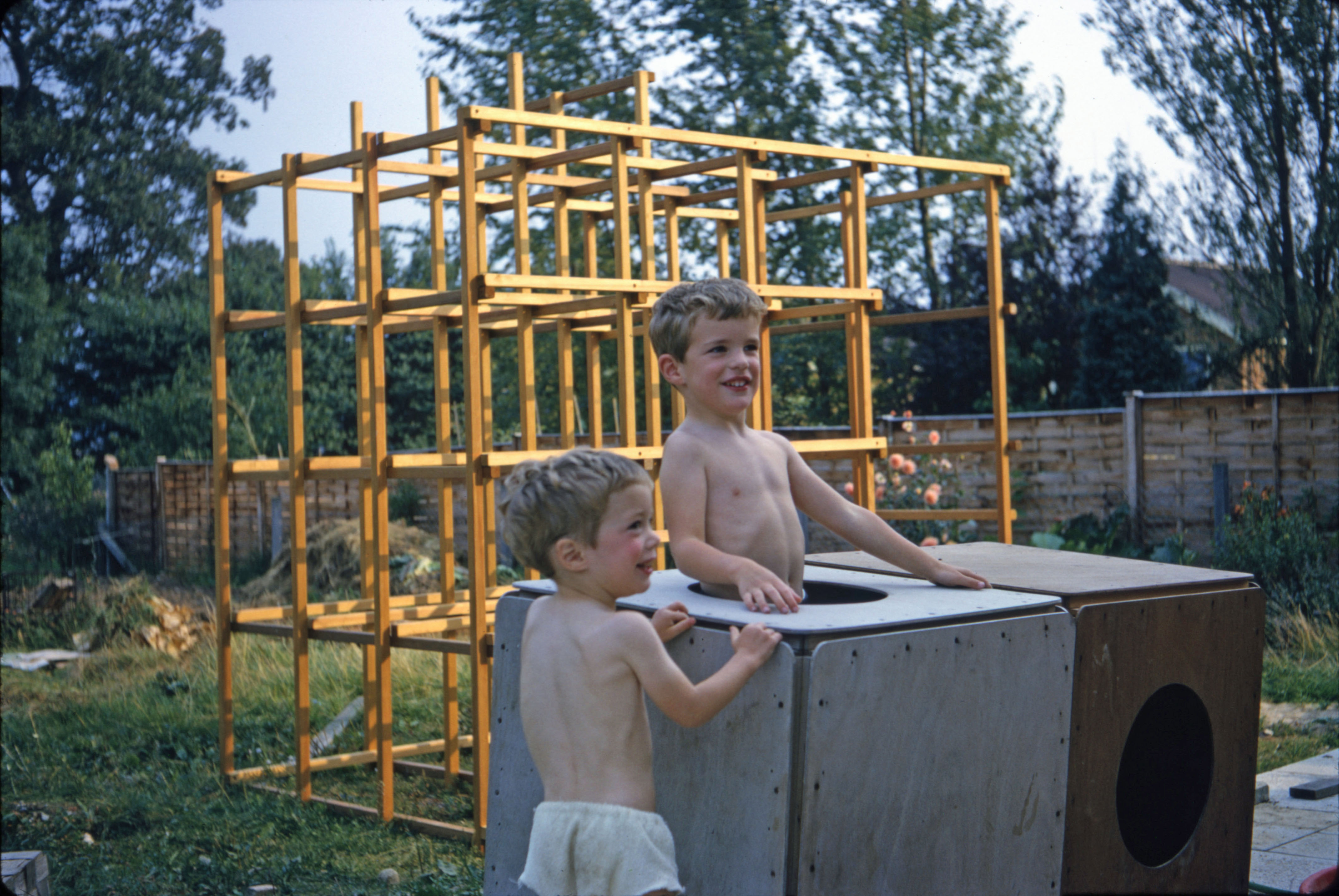 Summer 1967 Jonathan , Simon, the climbing frame and play boxes - and a new garden at Bracknell to tame!