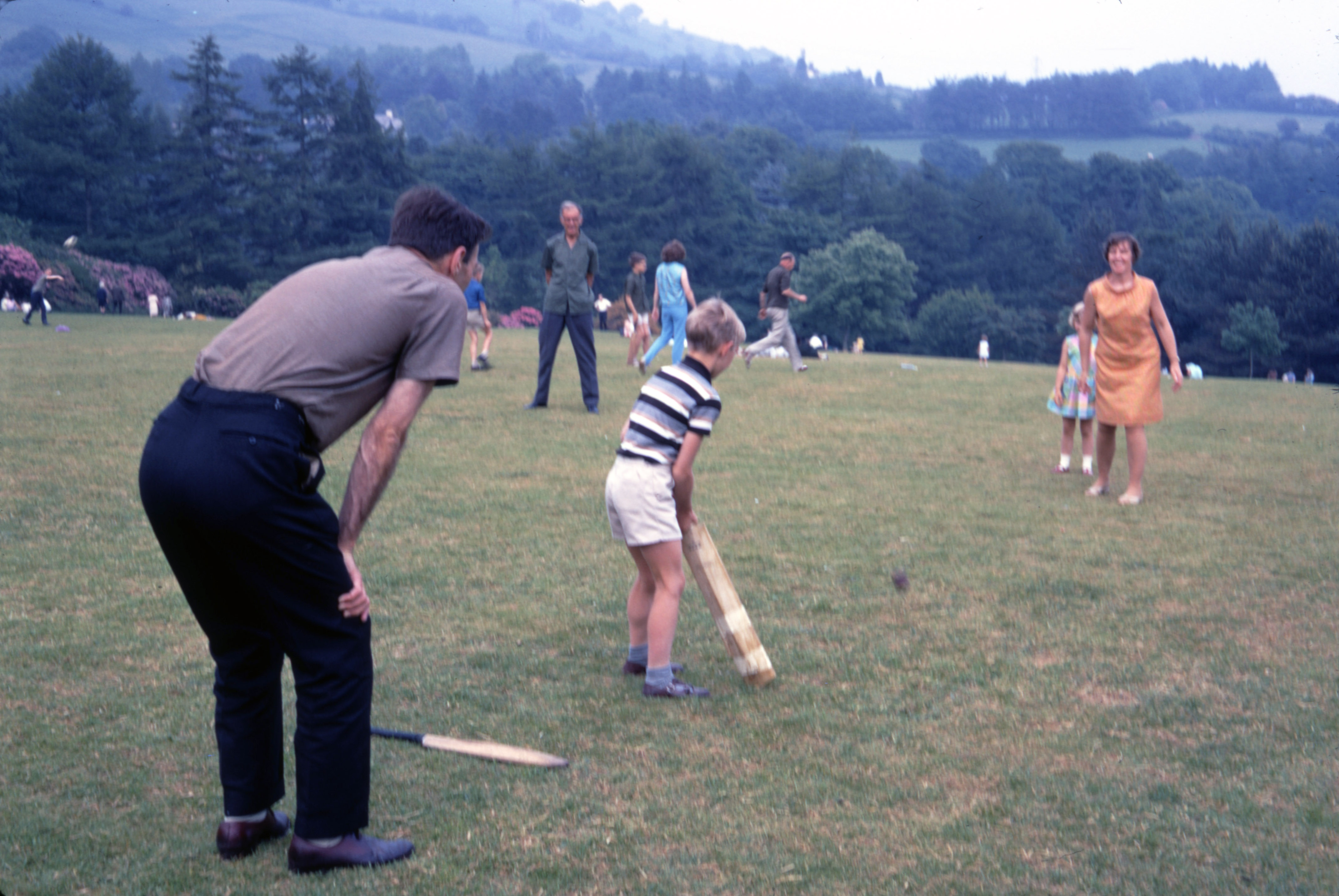 April 1968 The family playing cricket at Cefn Onn.