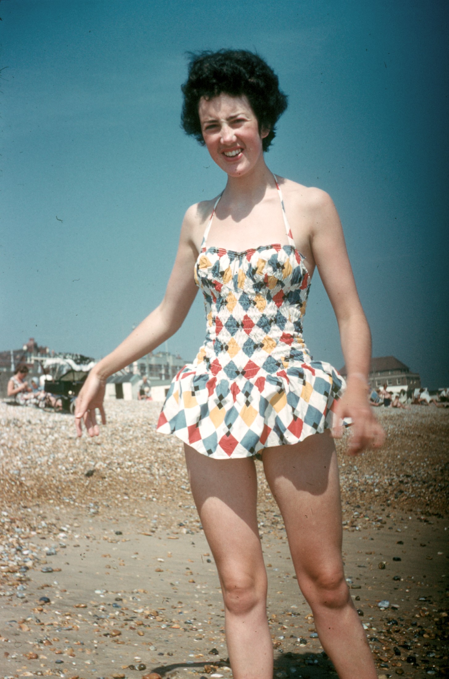5800124s 10 August 1958 - Betty on the beach at Bexhill while working there as a chambermaid.